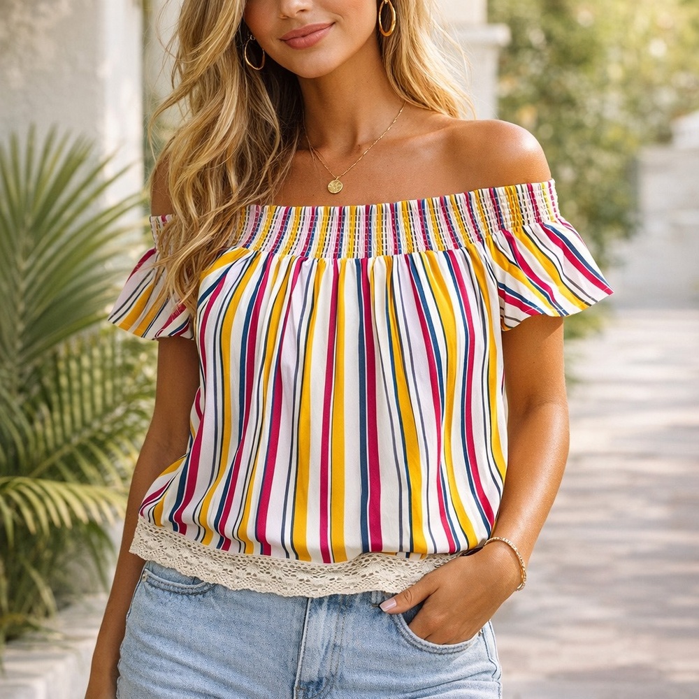 VENUS Women’s Off The Shoulders Short Sleeve Blouse Top Size 1X Cotton